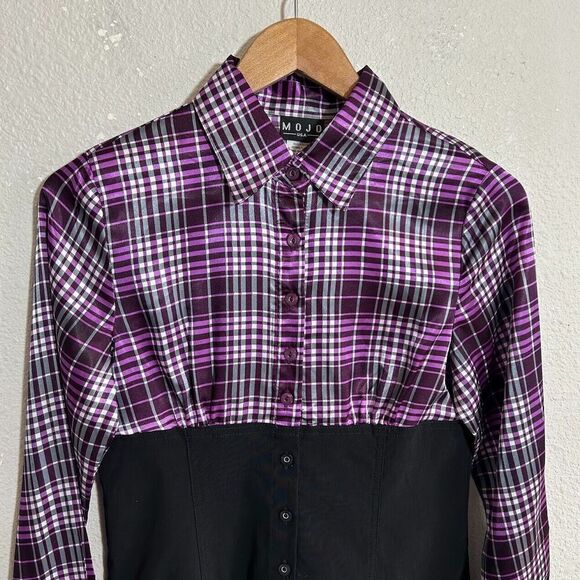 VTG Y2K Plaid Pop Punk Collared Top S Purple Button Up Avril Lavigne Skater - Picture 4 of 6